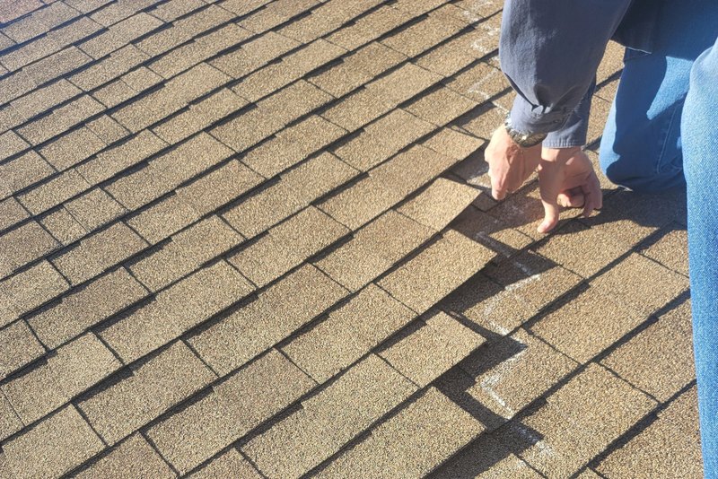 Roof repair inspection with shingles lifted and creased along an exposed edge