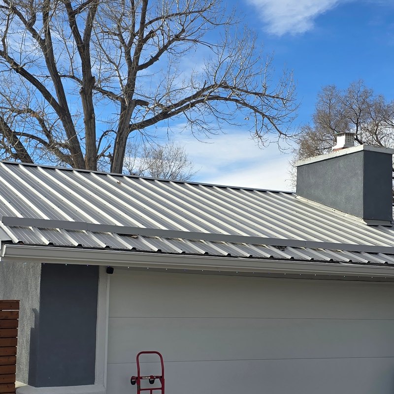 Single-story house and attached garage under a ribbed metal roof